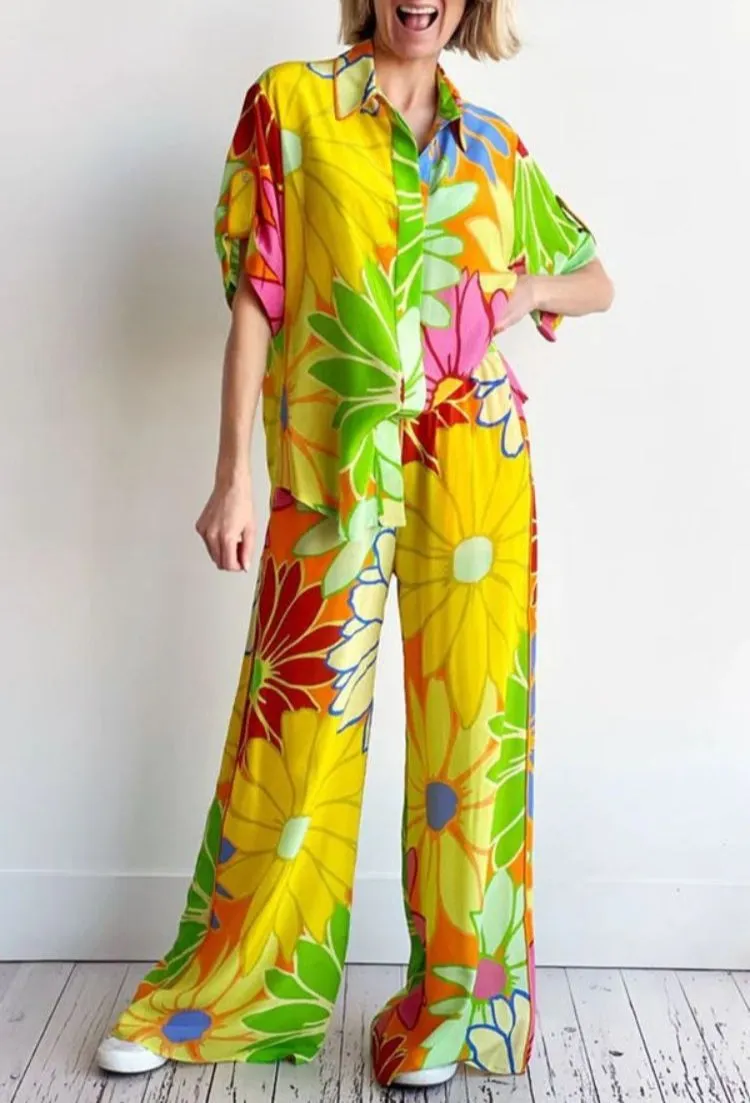 Ember™ - Floral Print Short Sleeve Shirt & Elastic Waist Pants Set